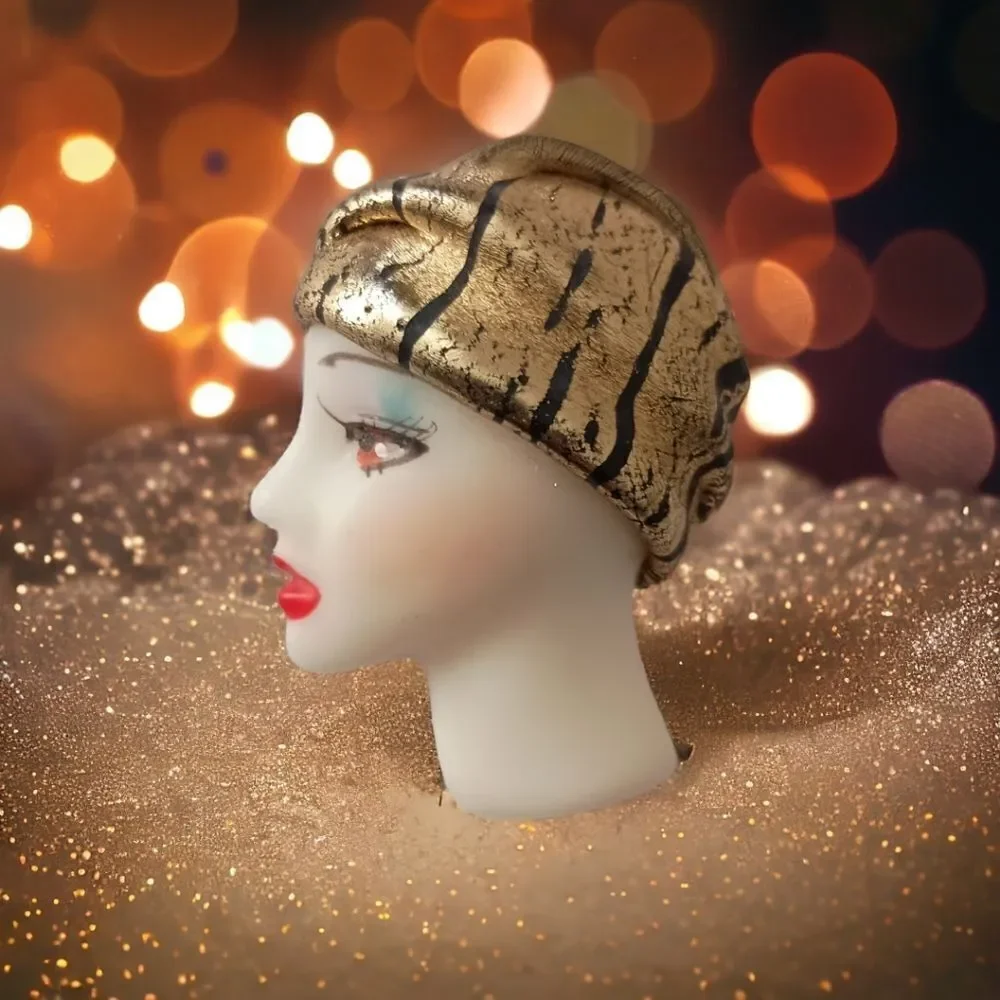 Lady Head Brooch Harlequin Cloche Wrap Hat Art Deco Flapper Acrylic Vintage 90s.